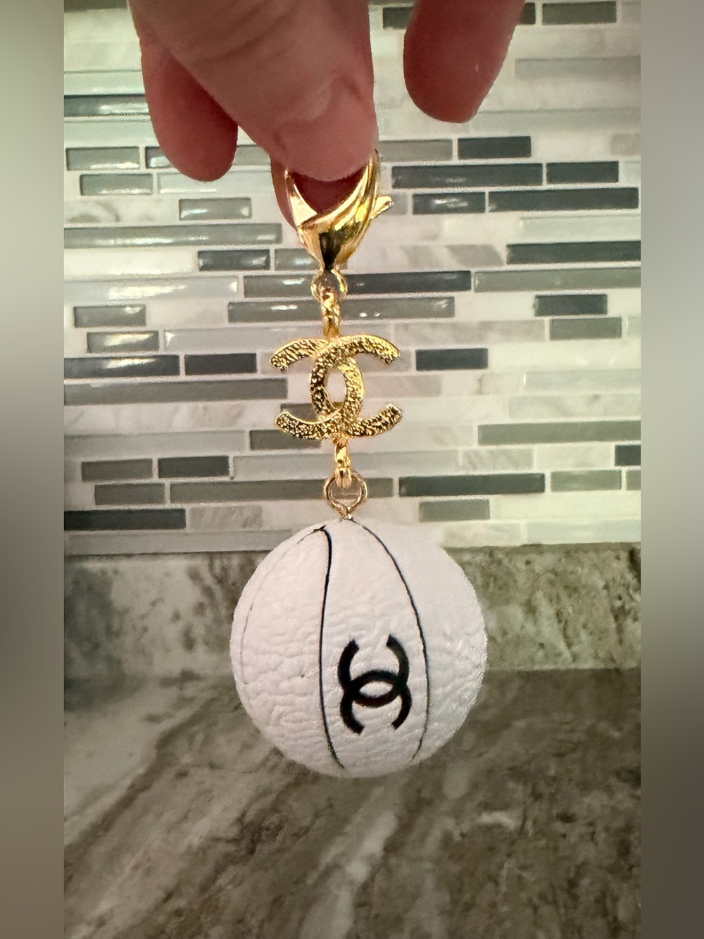 Chanel/CC Branded White Basketball Keychain Bag Charm with Gold Hardware NEW - Picture 2 of 7